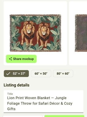 Woven Lion Blanket Tapestry - Brown and Green 3 Sizes Available $52, $72, $99